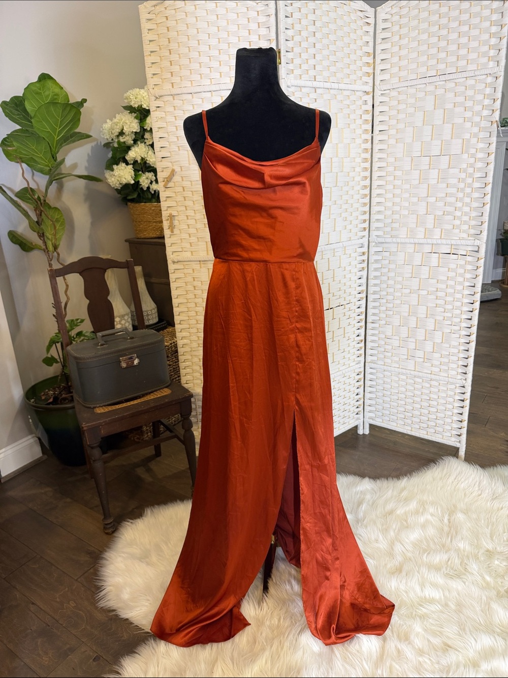 Satin Rust Cowl-Neck Maxi Dress with Front Slit